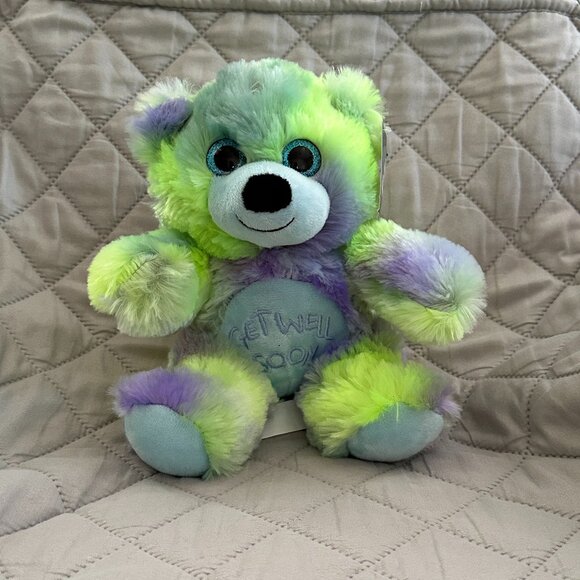 Bear Plush Toy Get Well Soon Bear Stuffed Animal 8" Blue Green Neon Purple - Picture 5 of 6
